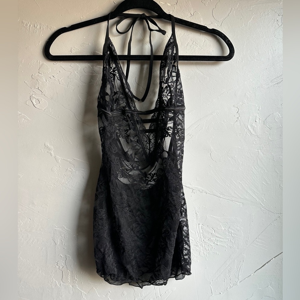 Black Sheer Lace Slip Dress Goth Y2K Halter Backless Dark Romantic Sz L Strappy